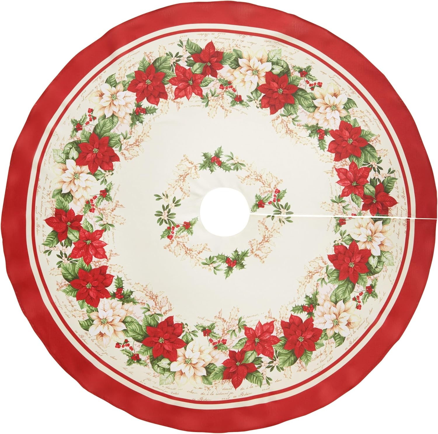 Elrene Home Fashions Red and White Poinsettias Round Tree Skirt, Christmas Decor, 48 Inches