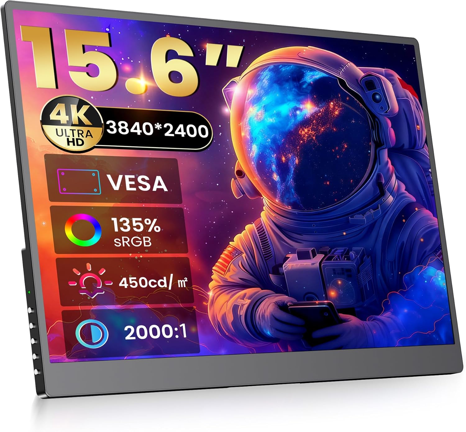 4K Portable Monitor - 15.6" UHD 3840 * 2400 16:10 450 Nits 135% sRGB IPS Screen with 2 USB-C & HDMI Ports for Laptop/Mac/PC/PS5/Xbox with Speakers Stand,VESA Compatible(Metallic Black)
