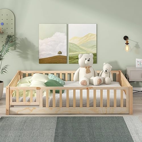 Miniatura 3 de Cama Montessori de tamaño matrimonial con valla, cama de piso de madera con puertas, cama de juego para niños con barandillas para niños y niñas