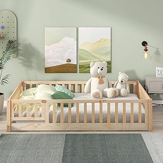 Full Floor Bed for Kids, Montessori Bed Frame with Fence-Shaped Guardrails, Support Slats and Door, Wood Floor Full Bed for Kids,Toddler,Boys Girls, No Box Spring Needed(Natural, Full Bed Frame)