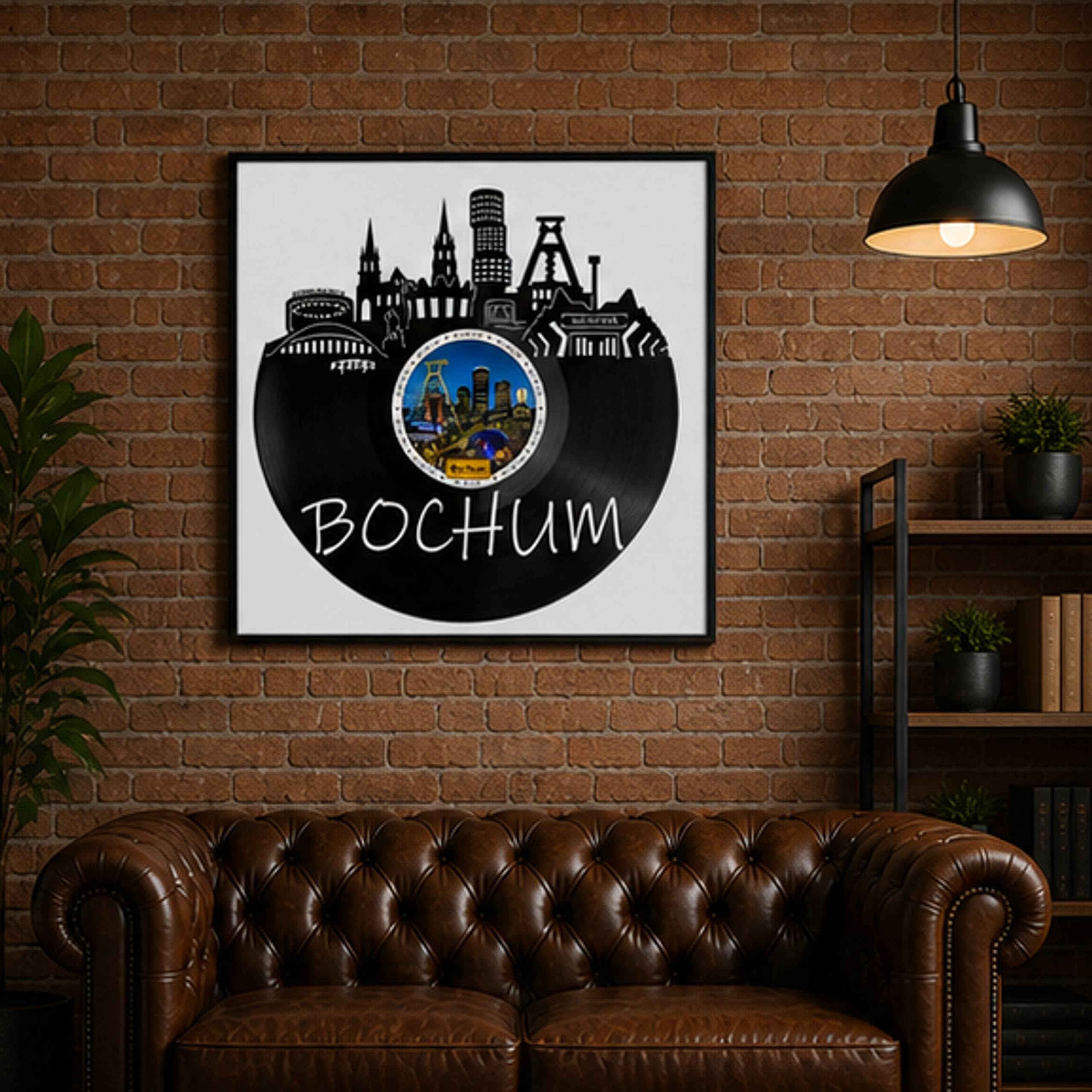 EVEVO Decorazione da parete in vinile, con cornice, 32 x 32 cm, Bochum, arte da parete in vinile, skyline di Ruhrpott, regalo per gli appassionati di Bochum e gli amanti delle miniere