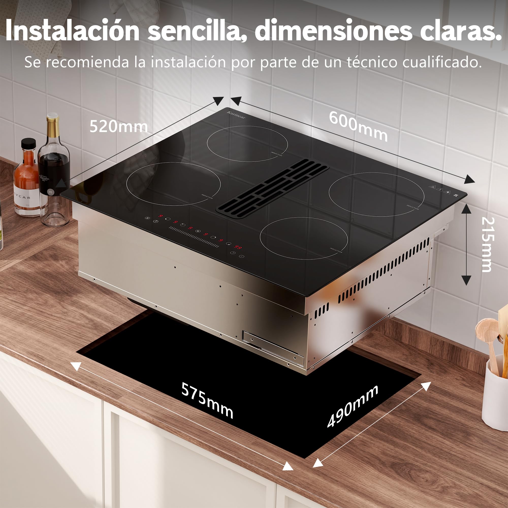 Karinear Placa Inducción 4 Fuegos con Extractor Integrado, Empotrable 60cm | Temporizador, Función Boost, Placa de Inducción de 6400 W con Extracción de 135 W, 220-240 V, sin Enchufe