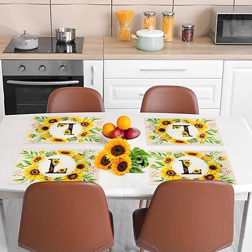 Miniatura 6 de GROBRO7 4 manteles individuales de girasol con letra P para mesa de comedor, duraderos, lavables, de lino rústico, vintage, de 12 x 18 pulgadas,