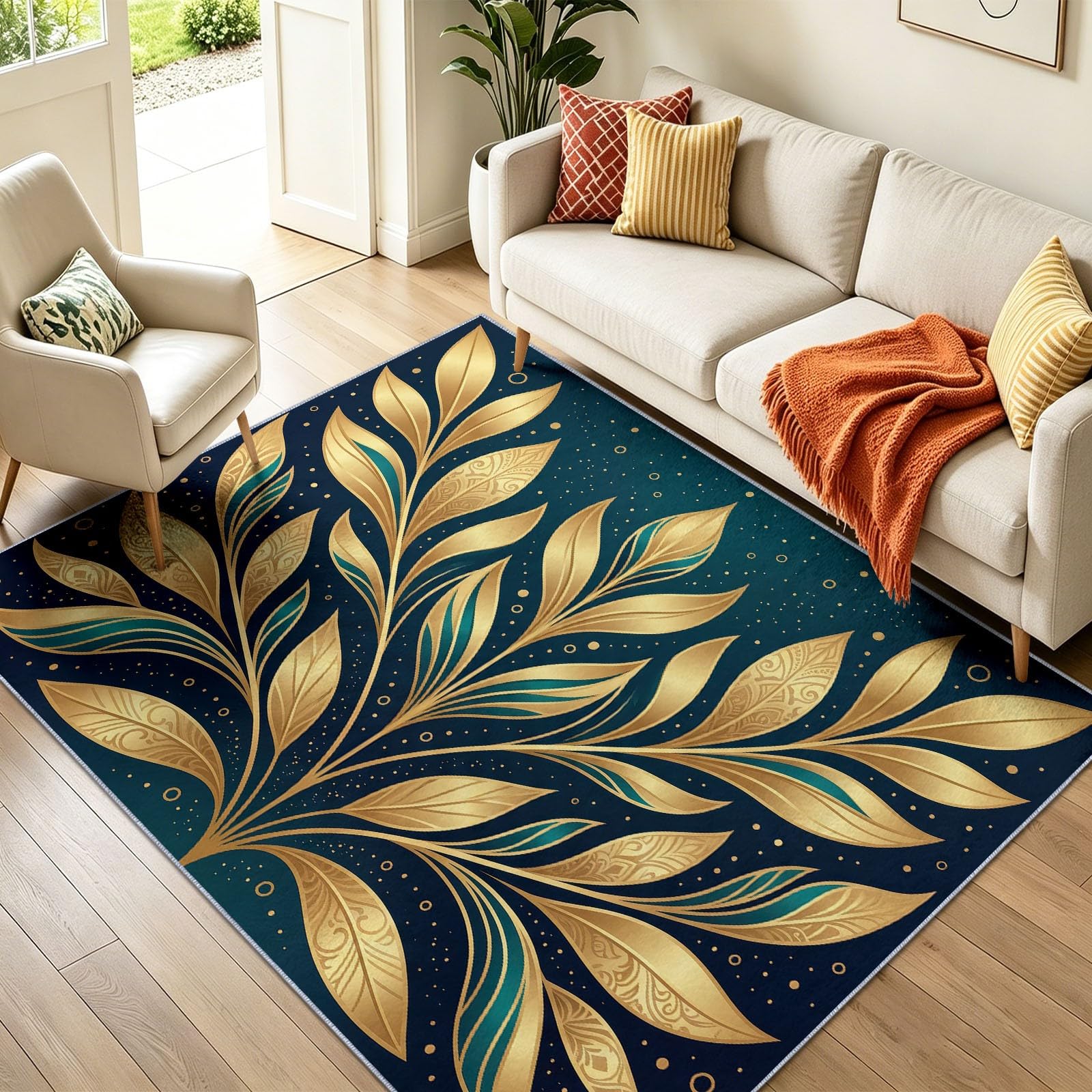 Tappeto retrò per soggiorno, lavabile, grande (chi), 60 x 90 cm, leggero, lussuoso, moderno, con piante in metallo, antiscivolo, a pelo basso, morbido, resistente, adatto per bambini e animali