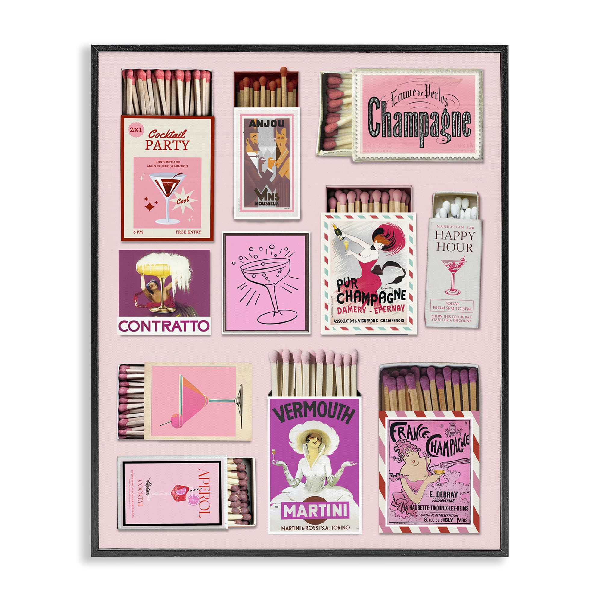 Stupell Industries Midnight Black (Textured) Champagne Cocktail Matchboxes Glam, 24 X 30 Inch Framed Giclée Print