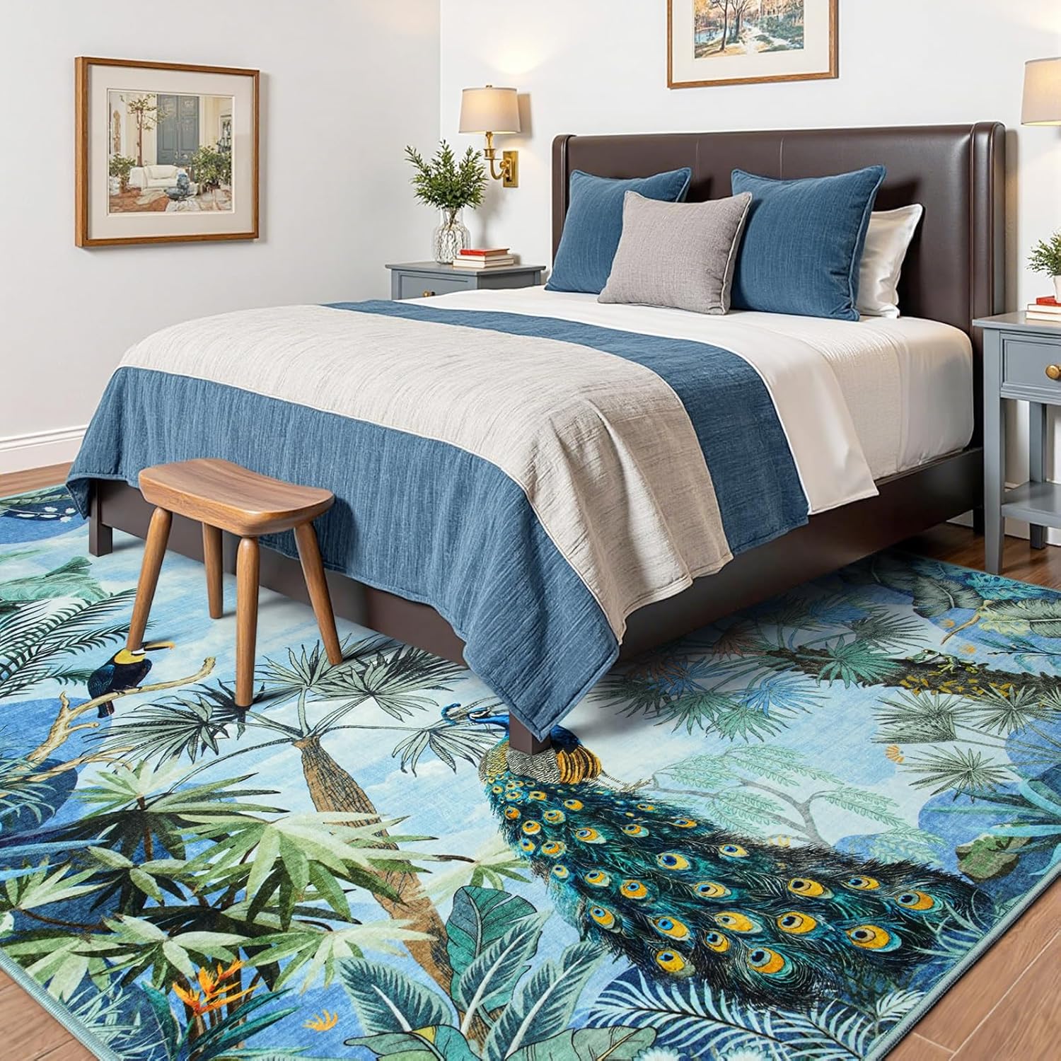 HOMORE Washable Rug 6x9 Animal Rugs for Living Room Bedroom Jungle Rug with Forest Tree Plant Safari Rugs with Peacock Leopard Non Slip Floor Carpet for Nursery Kids Room, Blue