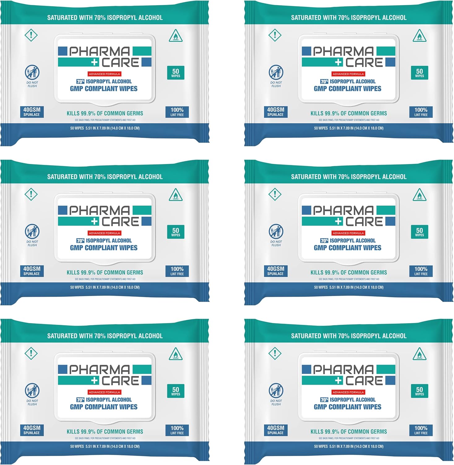 PharmaCare Advanced Formula 70% Alcohol Wipes - 6 Pack
