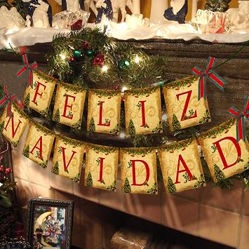 Merry Christmas Banner Feliz Navidad Banner Sign Vintage Indoor Christmas Decorations Feliz Navidad Party Decorations for Christmas Home Office Party Fireplace Mantle Decor Xmas Holiday Decor