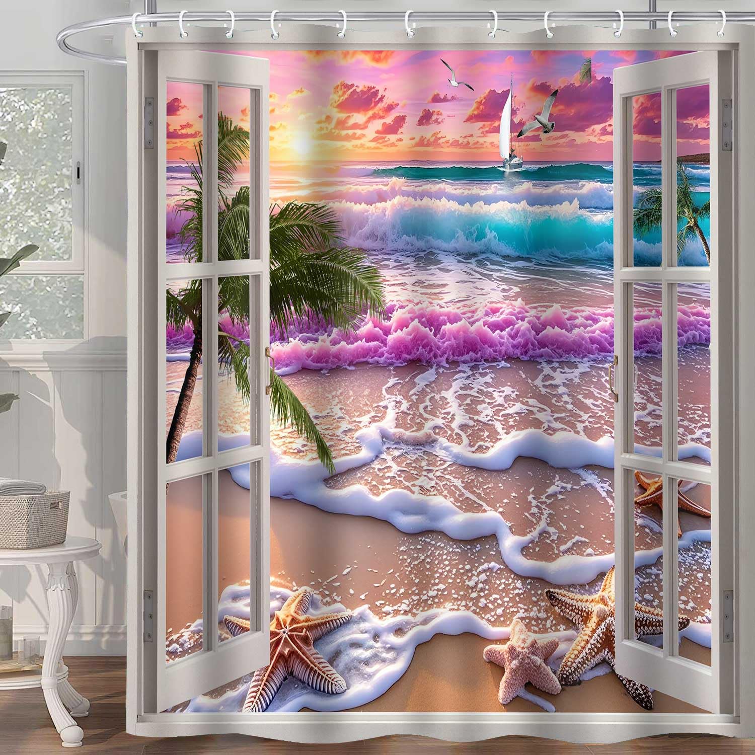 Purple Beach Coastle Shower Curtain Sunrise Ocean Beachy Bathroom Curtain Decor 72x72Inch Washable Polyester Summer Tropical Hawaiian Seaside Window Scenery Shower Curtain Sets with 12 Hooks