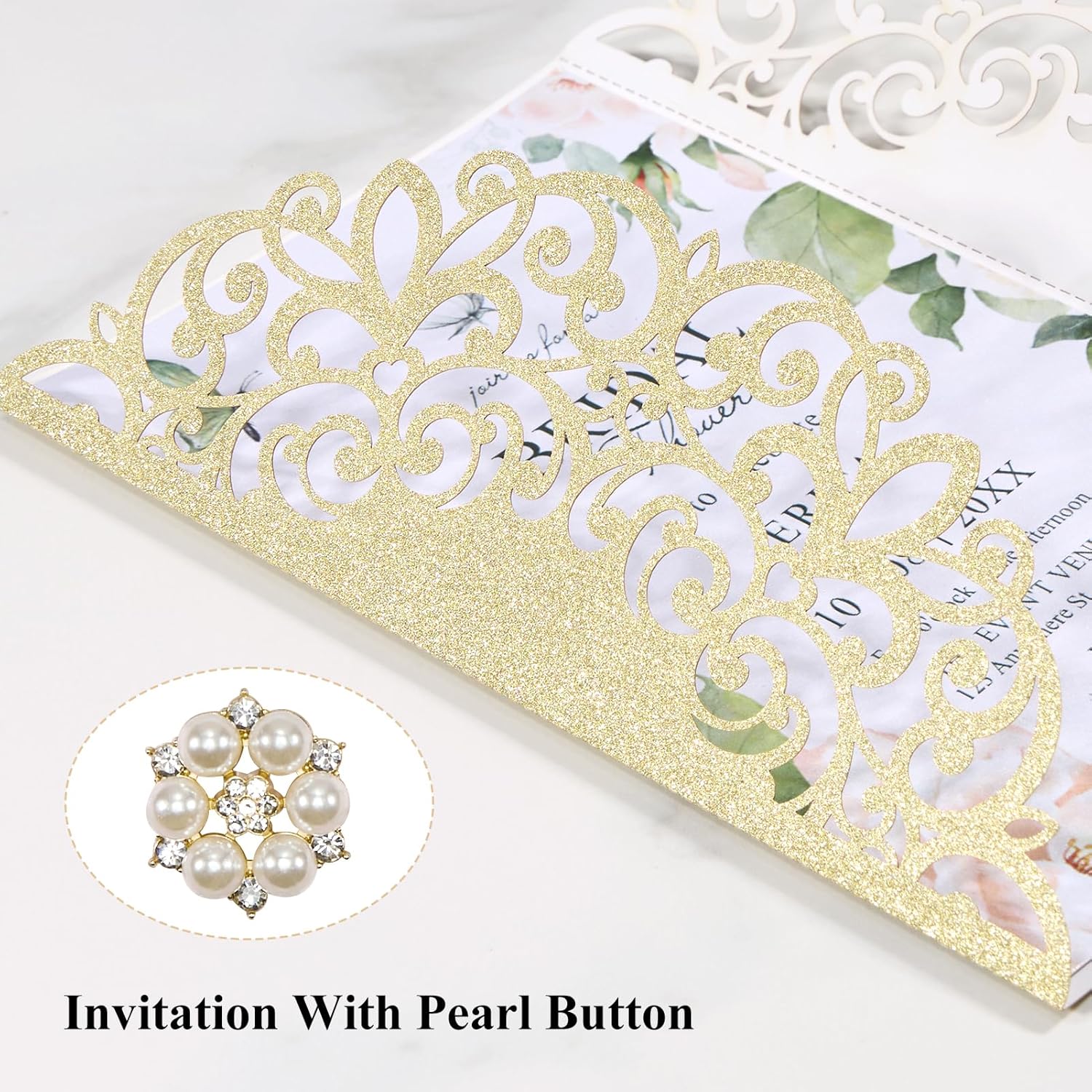 25 PCS Gold Personalized Wedding Invitation Sleeve Glitter Laser Cut Invitations with Pearl Buttons Hollow Out Flower Shaped for Wedding QuinceañEa Baby Bridal Shower Engagement (Blank Inner Sheet No Patterns or Text)
