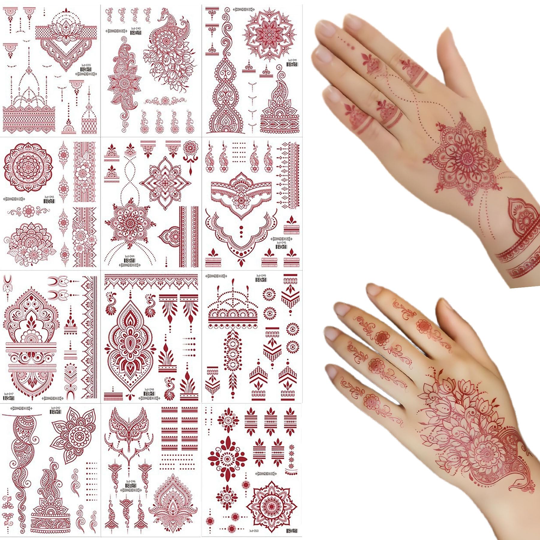 Brick Red Floral Mandala Temporary Tattoo Stickers Set, 12PCS Waterproof Transferable Art for Women Ideal for Arms Neck