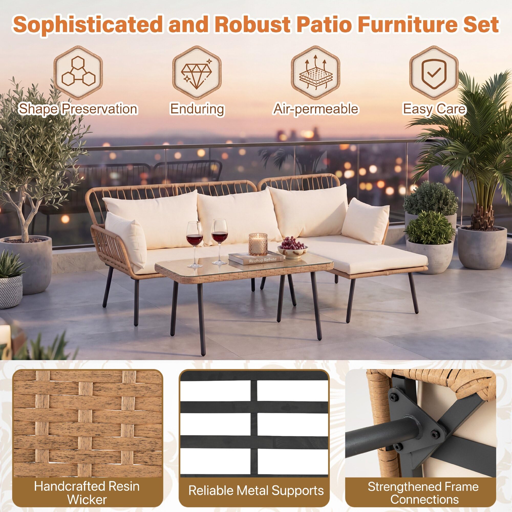 GIANTEX Conjunto de Jardín de Ratán 3 Piezas con Sofá Esquinero | Muebles de Exterior con Cojines y Mesa de Centro con Encimera de Vidrio, para Patio, Piscina y Terraza