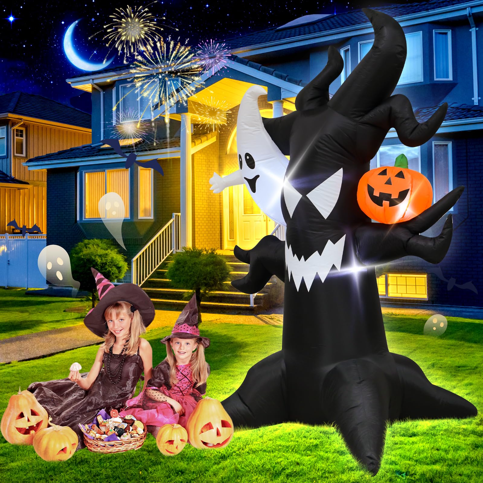 Albero infestato gonfiabile per Halloween, 1,8 m, con fantasma luminoso e zucca a LED, decorazione spettrale per esterni, per cortile, feste, casa infestata, impermeabile, facile da installare