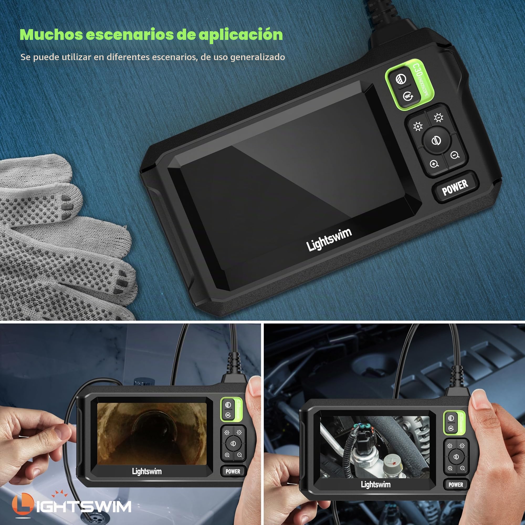 Lightswim Cámara de inspección de endoscopio Industrial, cámara de alcantarillado con boroscopio IPS de 4,3", cámara de Serpiente Impermeable IP67 de Mano con 8 Luces LED, Cable semirrígido de 5 m
