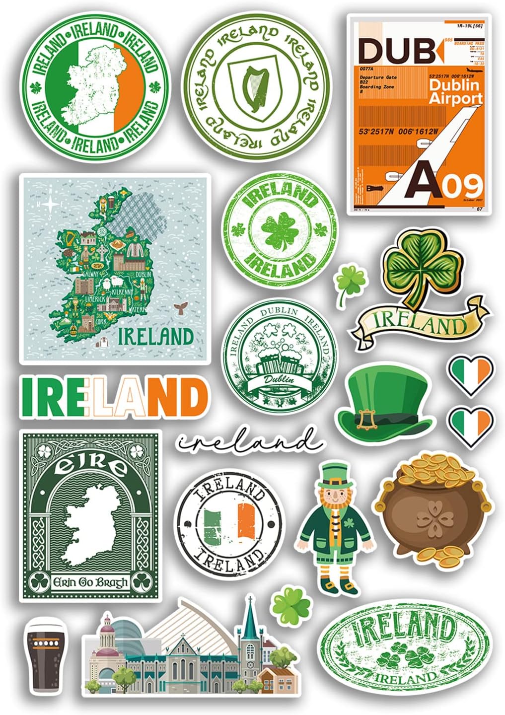 DV DESIGN A4 Sticker Sheet Ireland Vinyl Stickers - Irish Dublin Landmarks City Beach Flag Map Holiday Suitcase Luggage Scrapbook Culture Travel #78886