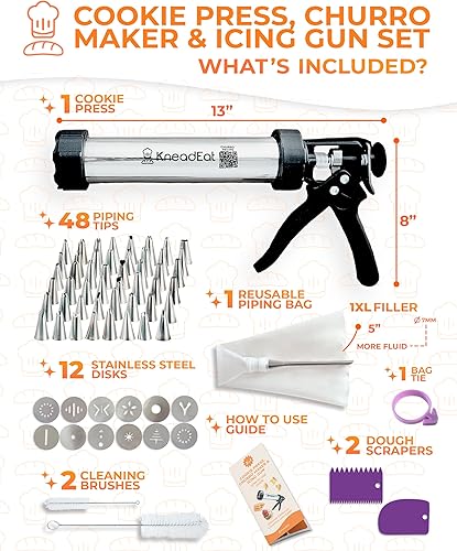 Miniatura 2 de KneadEat Churrera profesional - Juego de pistola Churro Maker. Capacidad para 1.5 libras de masa y bolsa de relleno de churro con aguja grande.