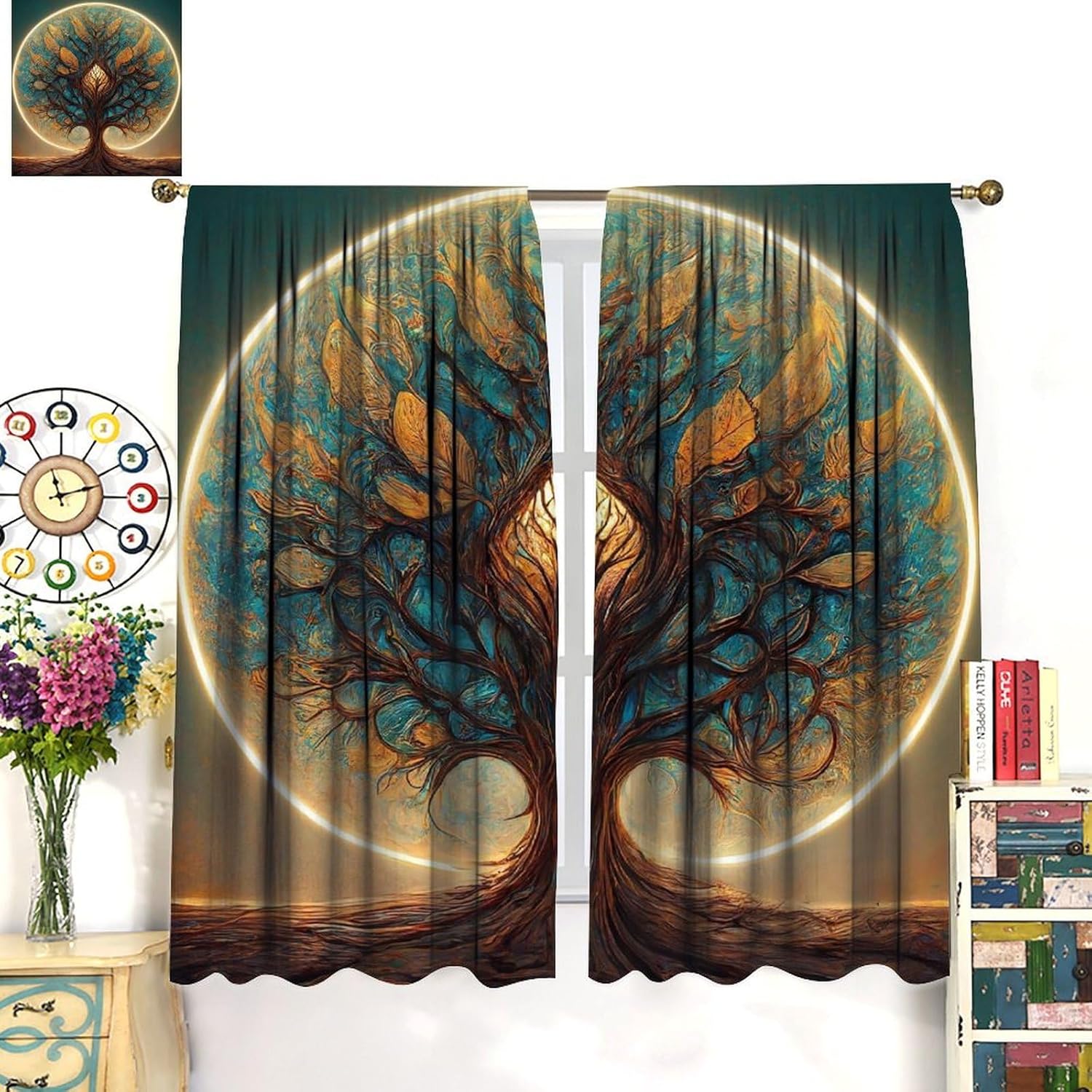 Tree of Life Curtains Retro Vibrant Forest Golden Tree Pattern Blackout Print Rod Pocket Window Drapes for Bedroom Living Room 63x63in
