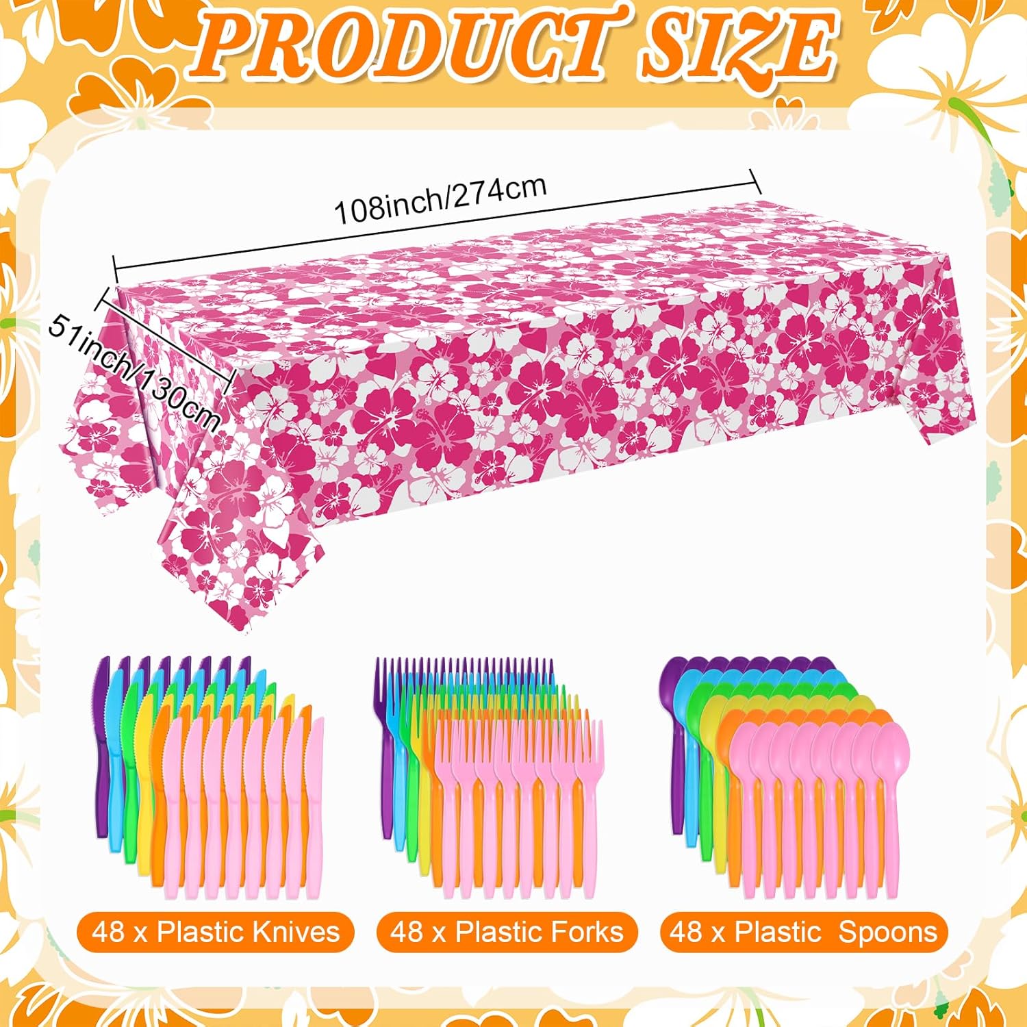 Nitial 294 Pcs Hibiscus Hawaiian Party Supplies Plates Napkins Tablecloth Hawaiian Theme Tableware Set for Luau Table Decorations Tropical Dessert Forks for Aloha Summer Beach Party, Serve 48 Guest