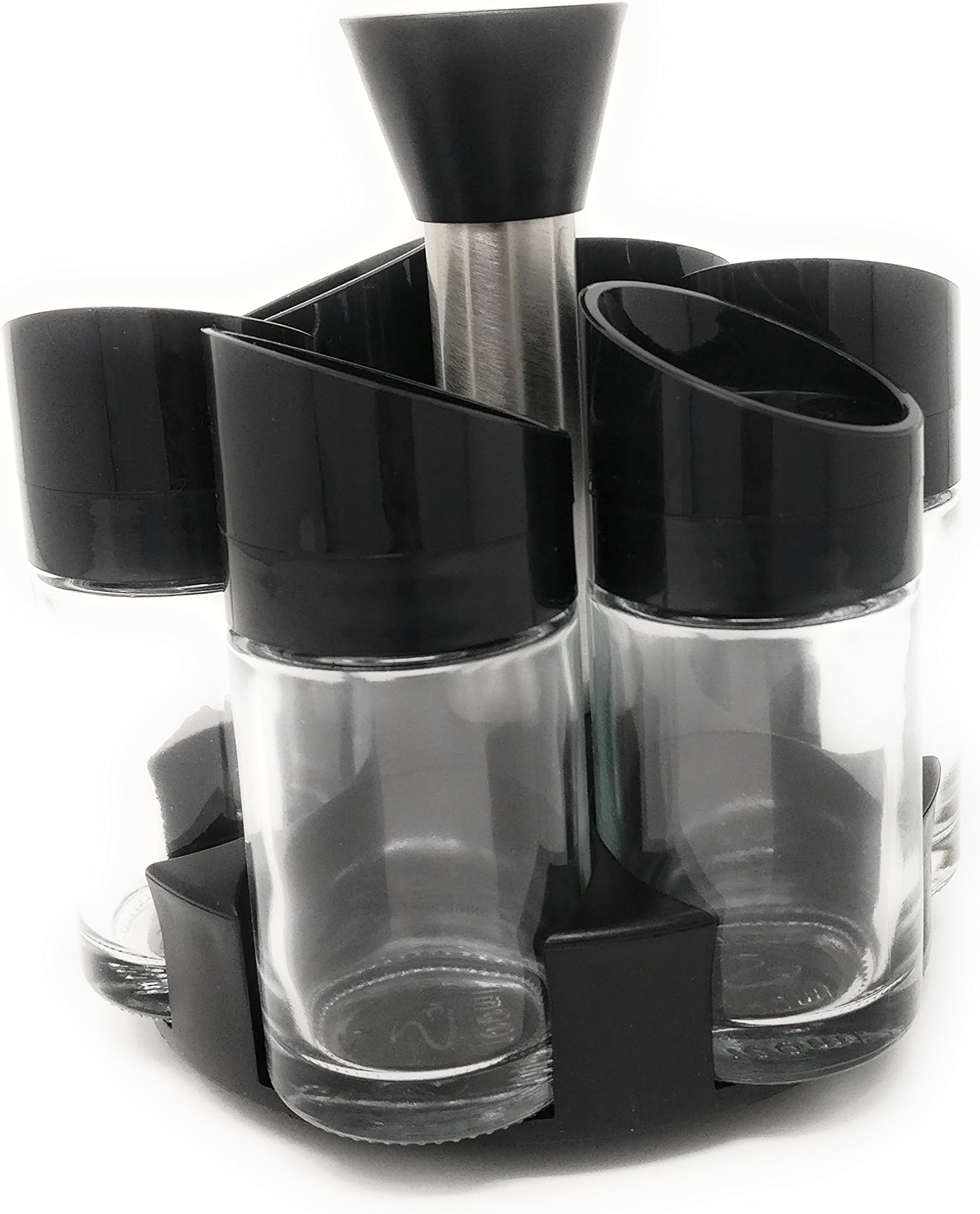 Haneez® Circleware 6 Glass Jar 5cm Circular Stainless Steel and Plastic Stand 14cm Masala Box Spice Salt and Pepper Shaker Organizer