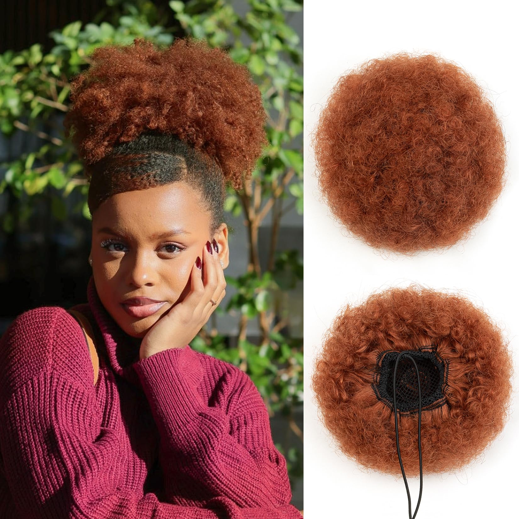 Christmas Afro Puff 8 Inch Real Human Hair Ponytail Natural for Black Women Girls Halloween Kinky Curly Ponytail Extension Drawstring Ponytail Fake 4c High Buns African American Puffs Copper Red 50g