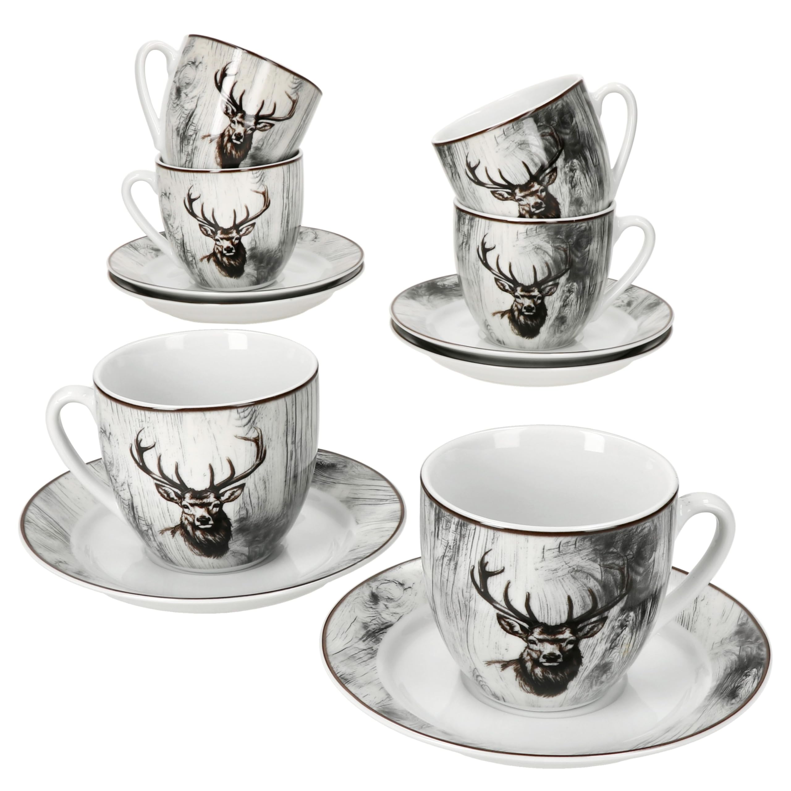 MamboCat Alois Lot de 6 tasses à café avec soucoupes pour 6 personnes I Service en porcelaine avec décor cerf pour le petit-déjeuner et le café I 6 tasses à thé de 200 ml et 6 soucoupes