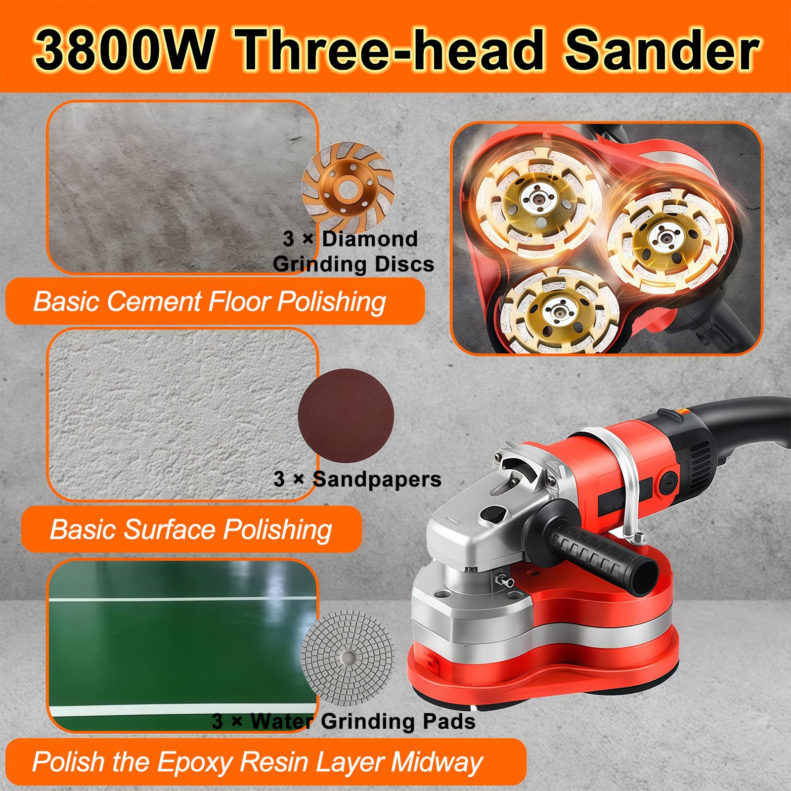 Pulidora Eléctrica Hormigón 3800W, Pulidora de Suelos, 6 Velocidades, Diámetro De Pulido 8", 2800 RPM, 3 Discos De Diamante, para Pulir Hormigón, Cemento, Mármol Y Granito Standard