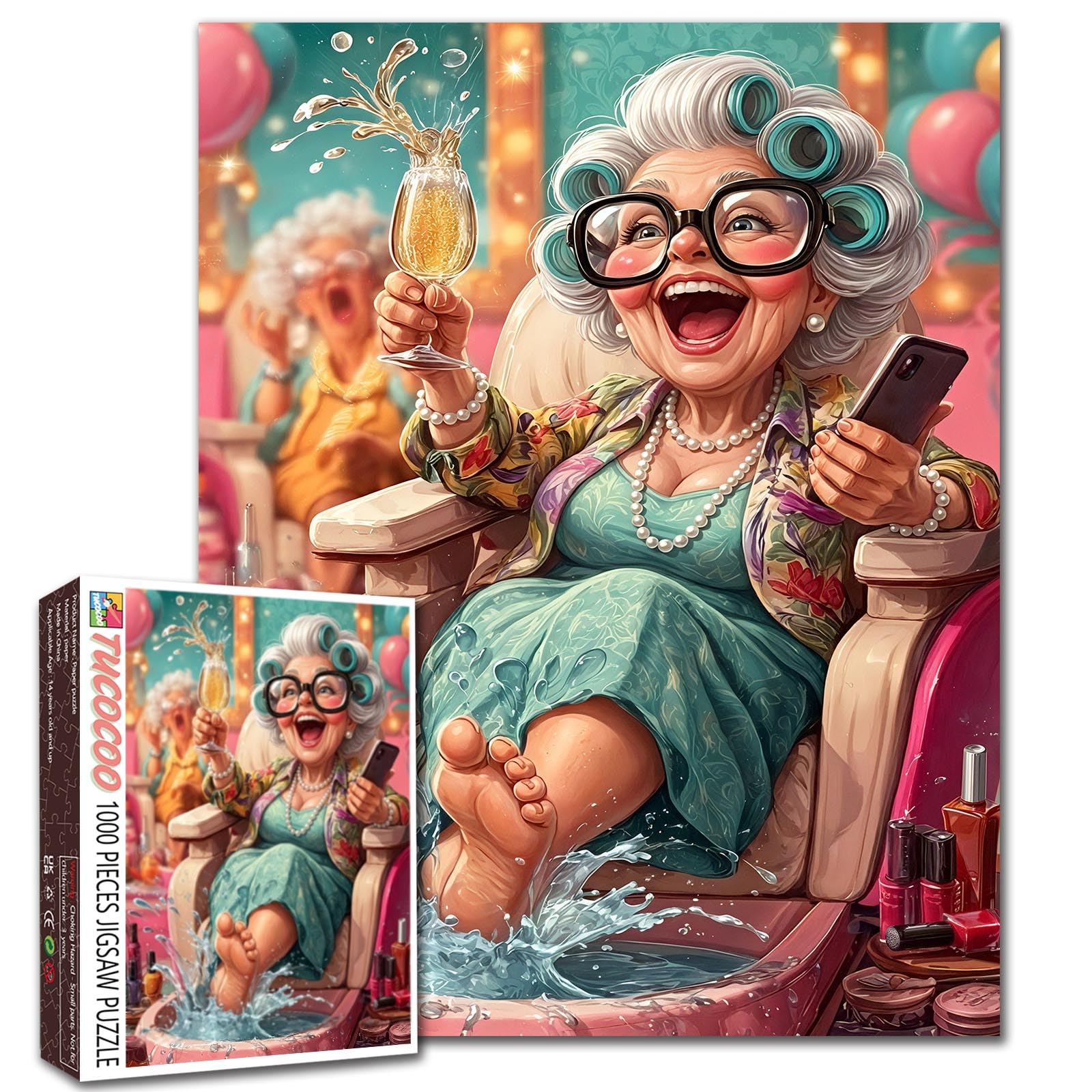 Grandma Spa Jigsaw Puzzles for Adults 1000 Pieces Pedicure Scene Beauty Salon DIY Puzzles for Family Activity Games Funny Elderly Lady Art Home Wall Decor Craft Gifts 19.7 x 27.6 Inch — image 1