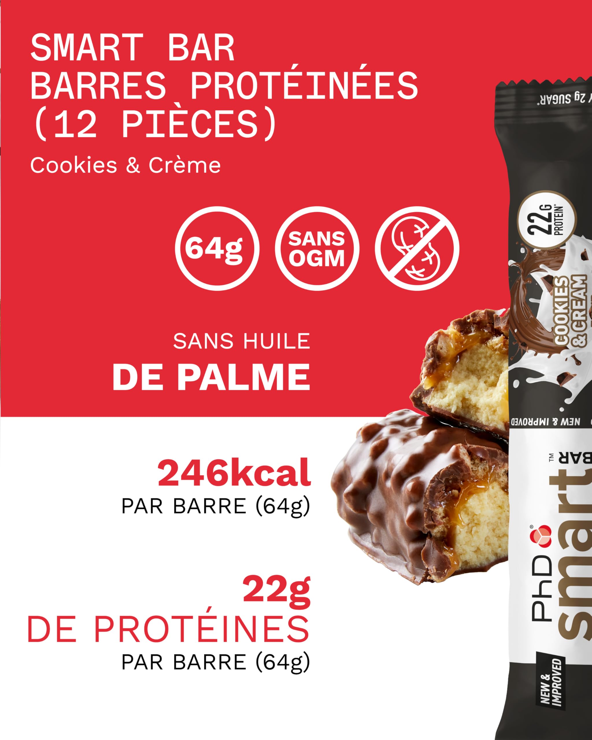 PhD Nutrition Smart Bar Barre Protéinée 12 x 64g Cookies & Cream - Encass protéinée riche jusqu’à 22g de protéines et peu de sucre, barre adaptée aux macros