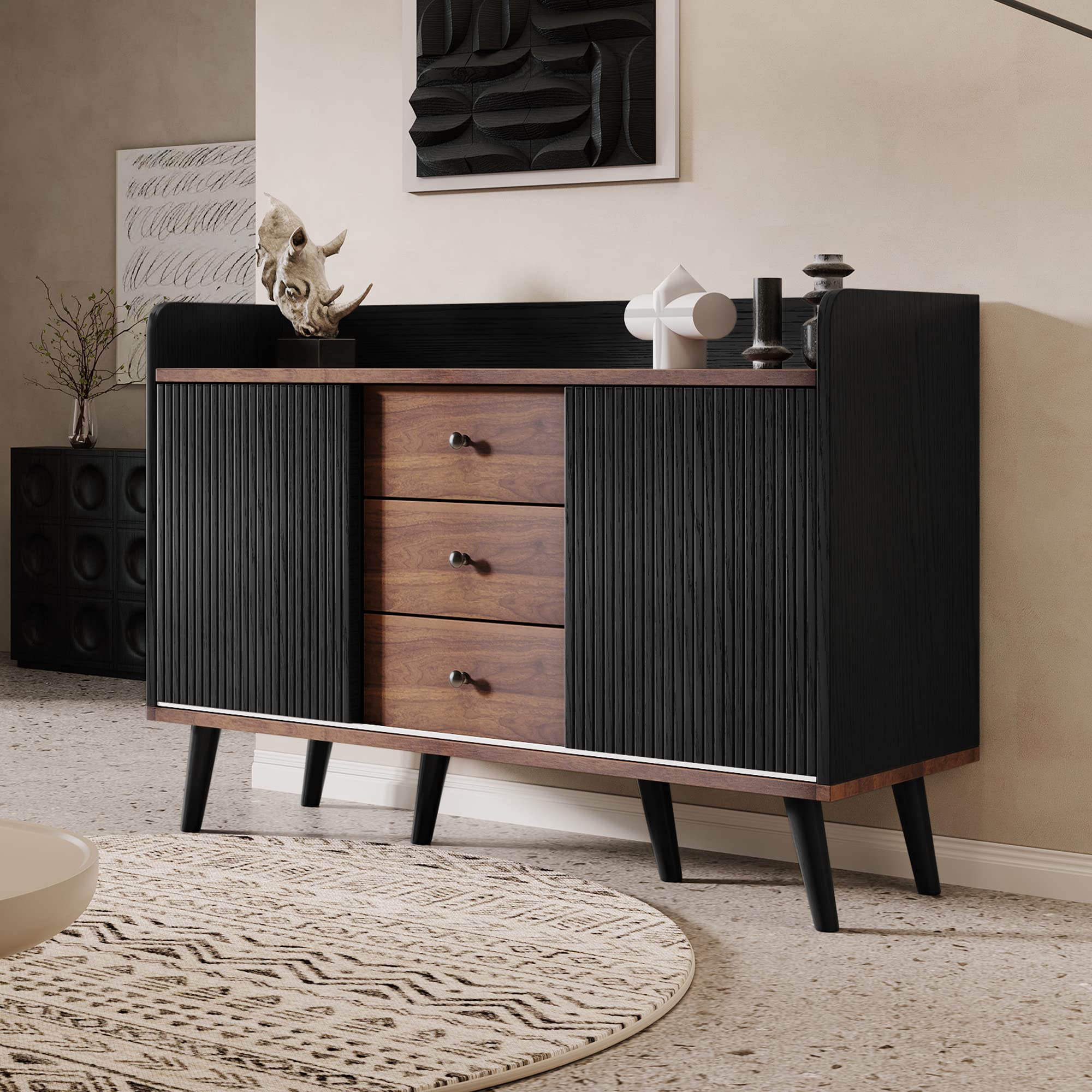 BTM Sideboard, 2 Gestreifte Schiebetüren & 3 Schubladen & Verstellbaren Regalen & Erhöhter Rand & 6 Massivholzbeine, Kommode Schrank Wohnzimmer Schlafzimmer Esszimmer Flur, 120 x40x80cm, Holz