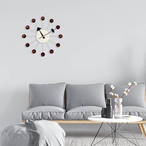 Miniatura 8 de Reloj de pared de mediados de siglo, réplica George Nelson Ball Clock para decoración retro moderna (nogal de 13 pulgadas)