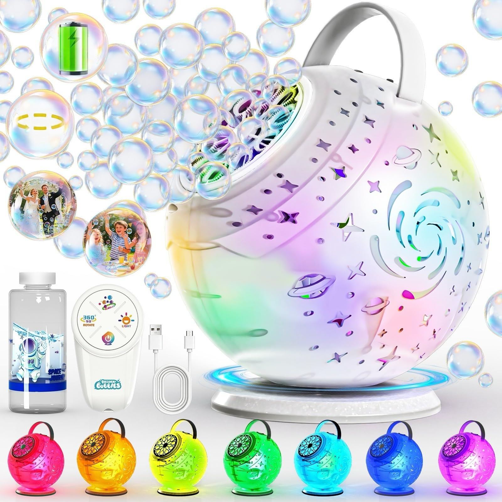 Sitodier Rechargeable Bubble Machine, Auto 90°/360° Rotation, Remote Control Bubbles Maker Toys for Kids with 7-Color RGB LED Light, Bubbles for Wedding, Parties, Birthday, Gifts for Boys Girls
