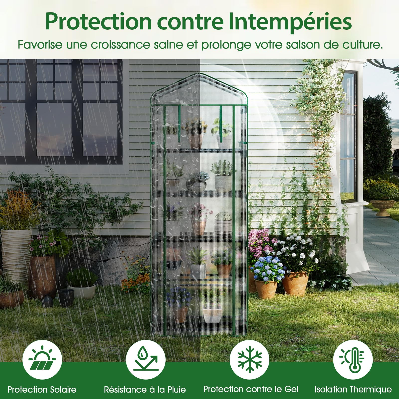 COSTWAY Serre de Jardin avec 5 Étagères, Mini Serre Extérieur avec Housse en PE Porte Enroulable Cadre en Métal Électro-Couvert Antirouille, pour Tomates Plantes, 69 x 48 x 190 cm
