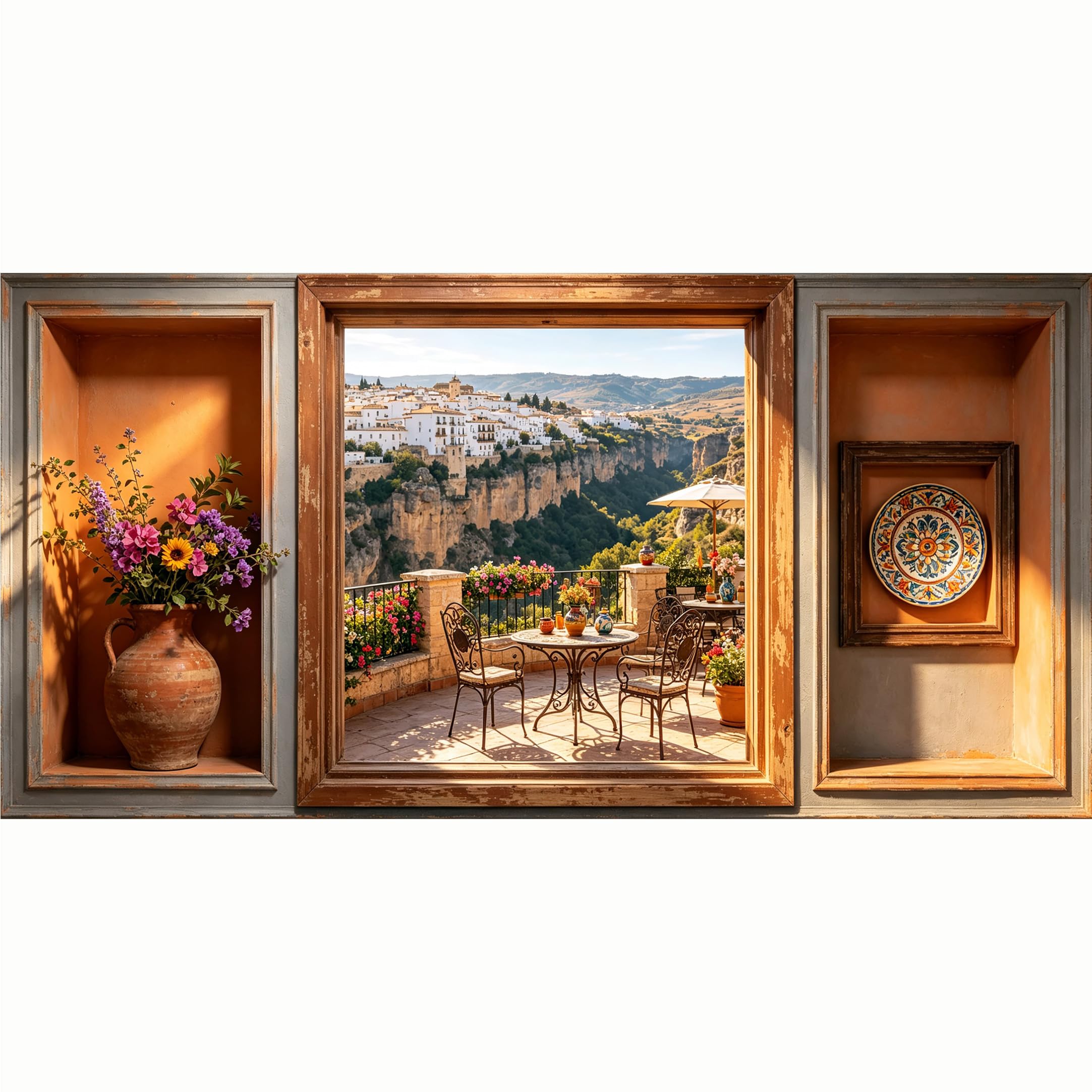 QZLITHOTIC 50x100cm 3D Framed Wall Art， Mediterranean Terrace Cliffside Town Landscape Self‑Adhesive Mural， Water‑Activated Peel & Stick Fabric Decor Wall Decal for Bedroom Living Room