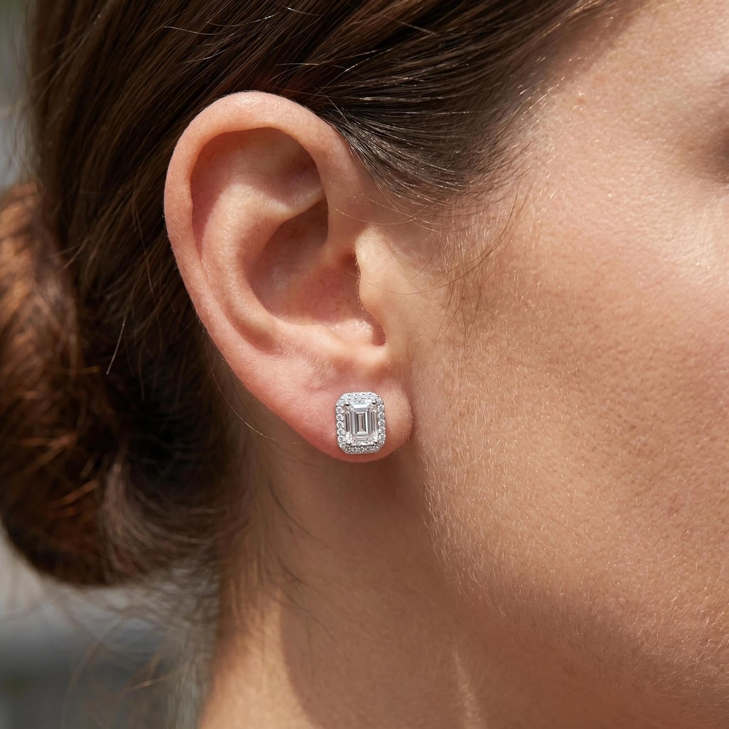 1 Carat Emerald Cut Moissanite Halo Stud Earrings (Stone: 6.6×7.7mm, Set: 9.6×7.7mm) For Women, D Color VVS1, 925 Sterling Silver, With GRA Certificate