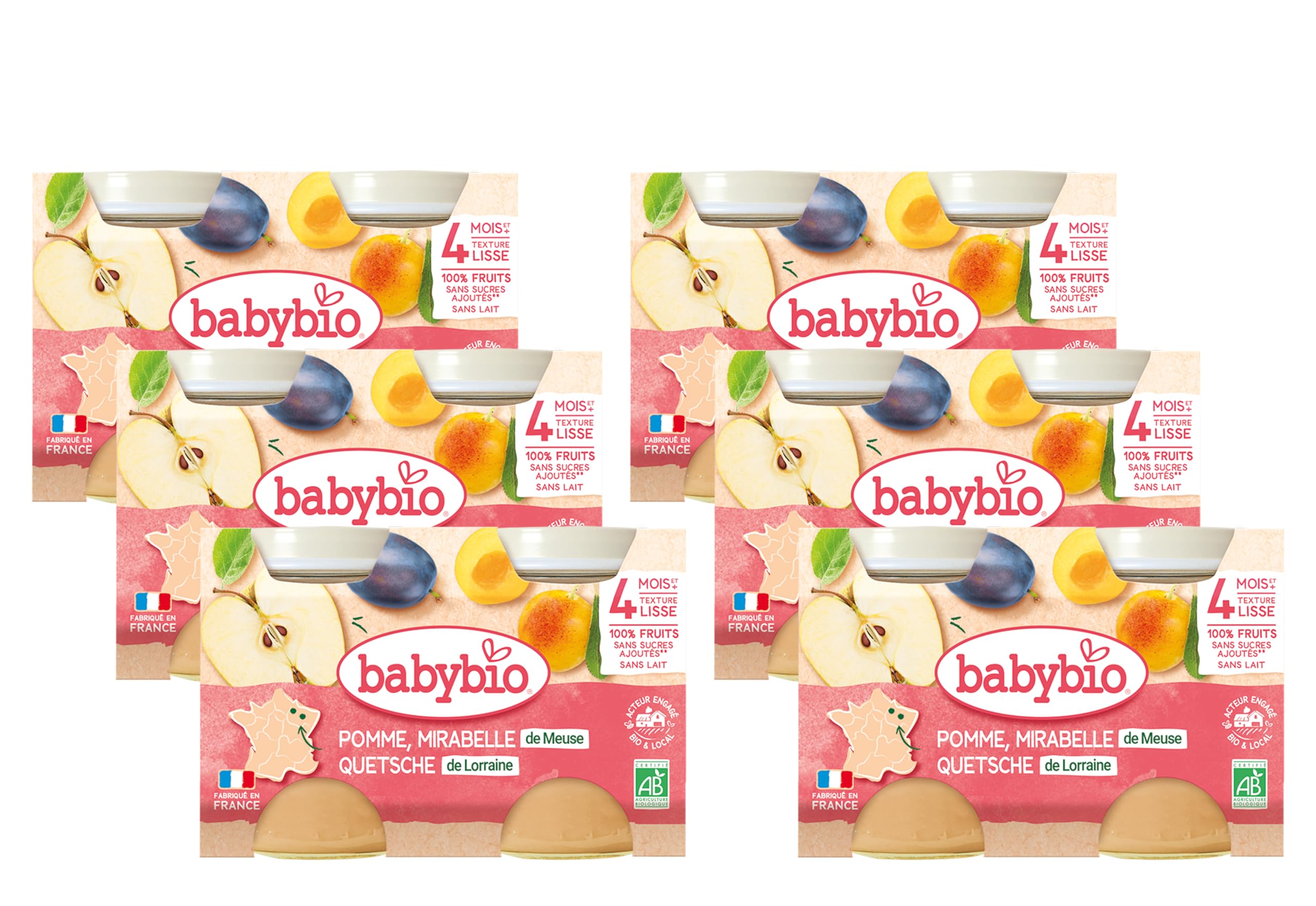 Babybio Pots Mirabelle de Meurthe et Moselle Pomme de Nouvelle Aquitaine 260 g - Lot de 6