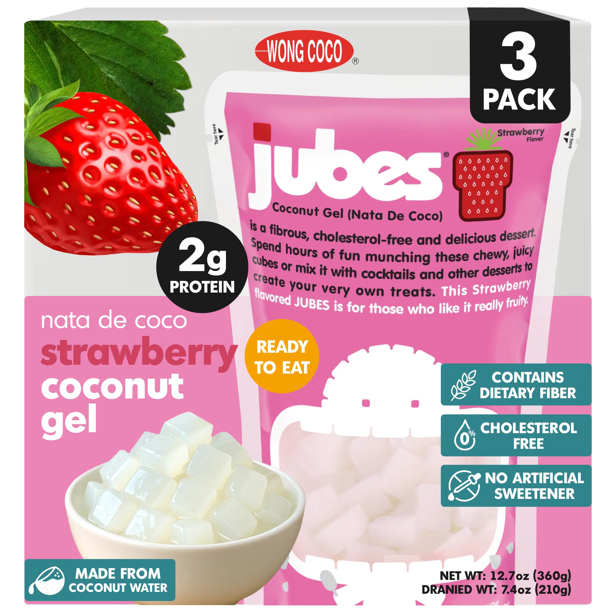 Jubes Strawberry Nata De Coco Jelly Cubes (12.7 oz, Pack of 3) - Strawberry Coconut Jelly Cubes for Sago - Coconut Gel in Syrup Toppings for Fruit Tea, Boba, Bubble Tea, Drinks, Desserts Yogurt, Ice Cream, Beverage