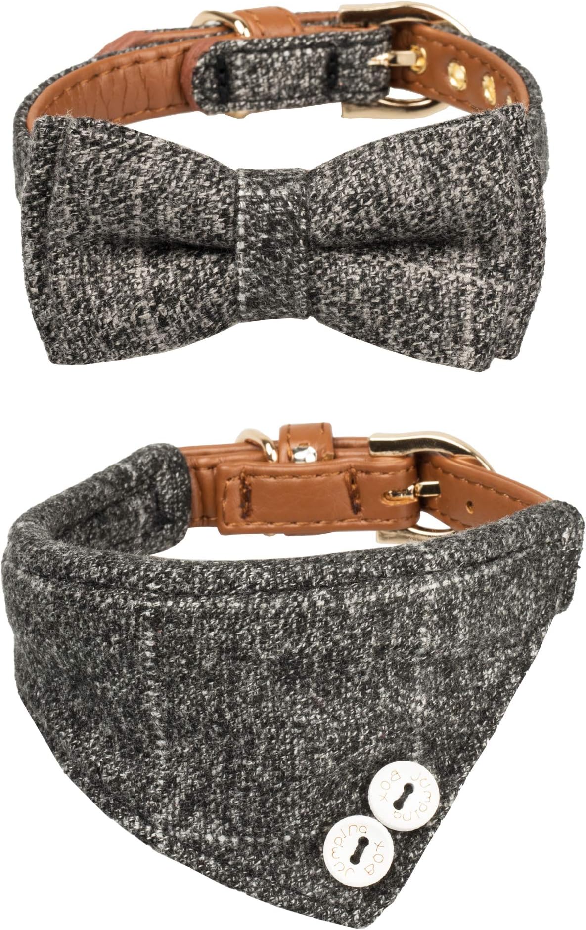 Small Dog Collar Set, 2Pcs Puppy Cat Collar with Bow Tie & Bandana, Durable PU Leather Canvas Tiny Pet Scarf for Small Breed Pets Grey Classic