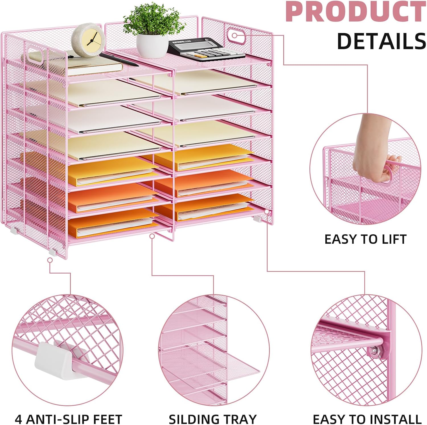 Marbrasse Desktop Literature Organizer, 12 Compartments Mesh Paper Organizer Desk Organizers, Adjustable File Sorter Mail Center Paper Storage Cabinet Classroom Mailbox for Office Home School, Pink