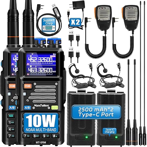 5RM 10W Ham Radio, Long Range Handheld Two-Way Radio with NOAA Weather Receiver, USB-C Rechargeable 2500mAh Batteries, Programming Cable & Upgraded Speaker Mic (2 Pack)