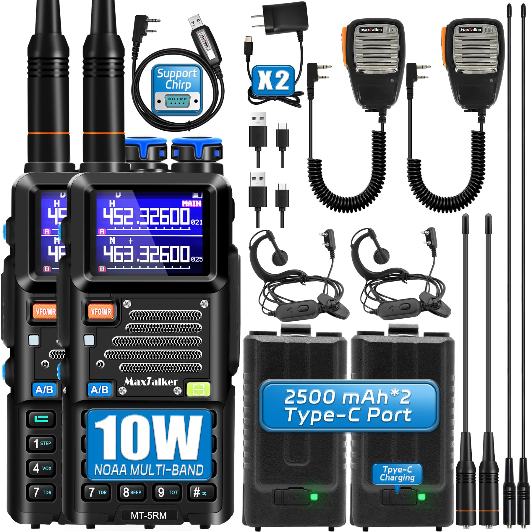 5RM 10W Ham Radio, Long Range Handheld Two-Way Radio with NOAA Weather Receiver, USB-C Rechargeable 2500mAh Batteries, Programming Cable &amp; Upgraded Speaker Mic (2 Pack)