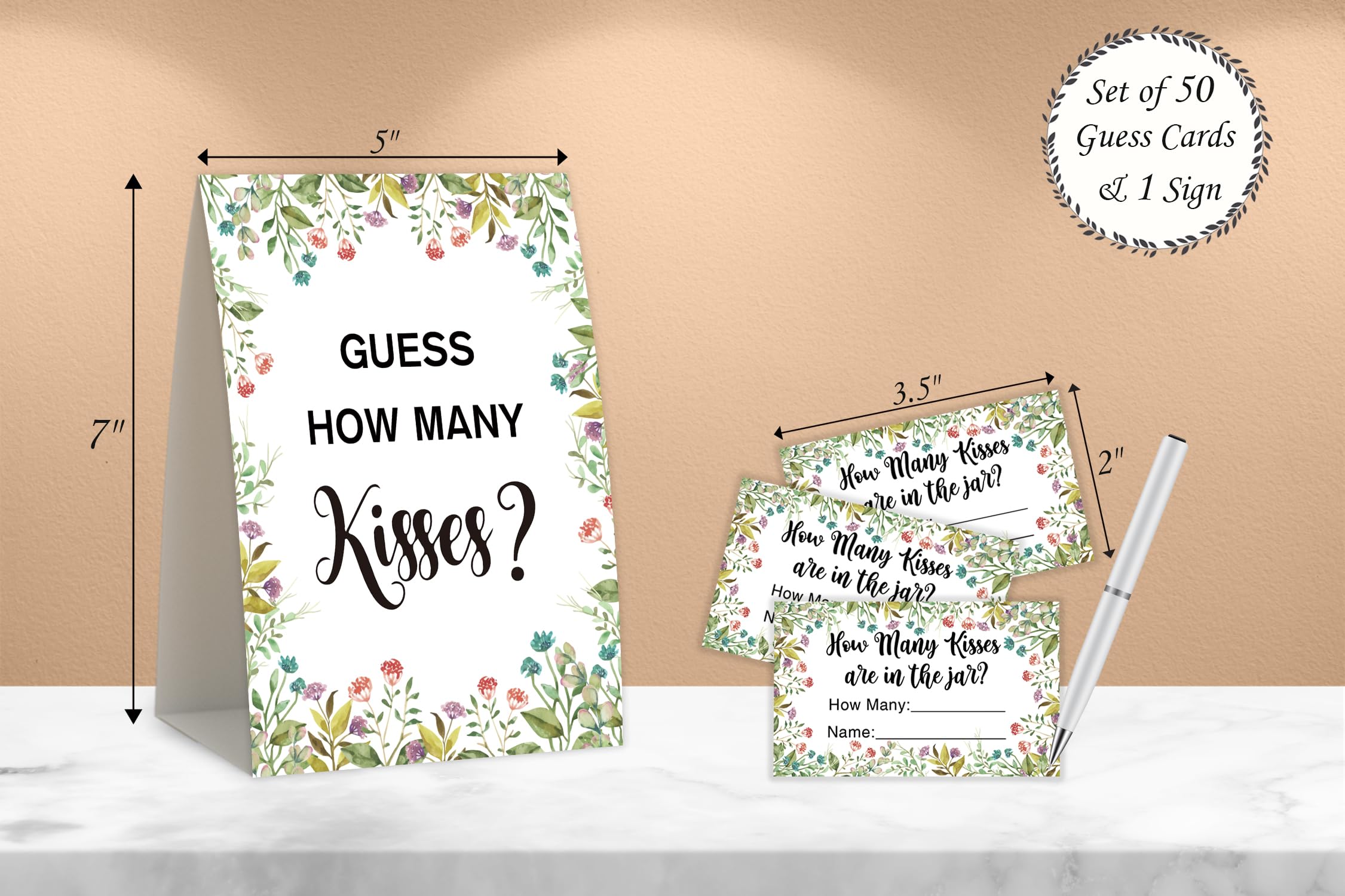 Floral Theme How Many Kisses Bridal Shower Game – Set With 1 Sign & 50 Guessing Cards - View #13
