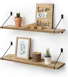 Floating Shelves Wooden for Wall Rustic Hanging Shelves Wall Mounted Shelf Long 60cm for Kitchen Bedroom Bathroom Living Room Hallway Display And Decor Set of 2 With Metal Brackets