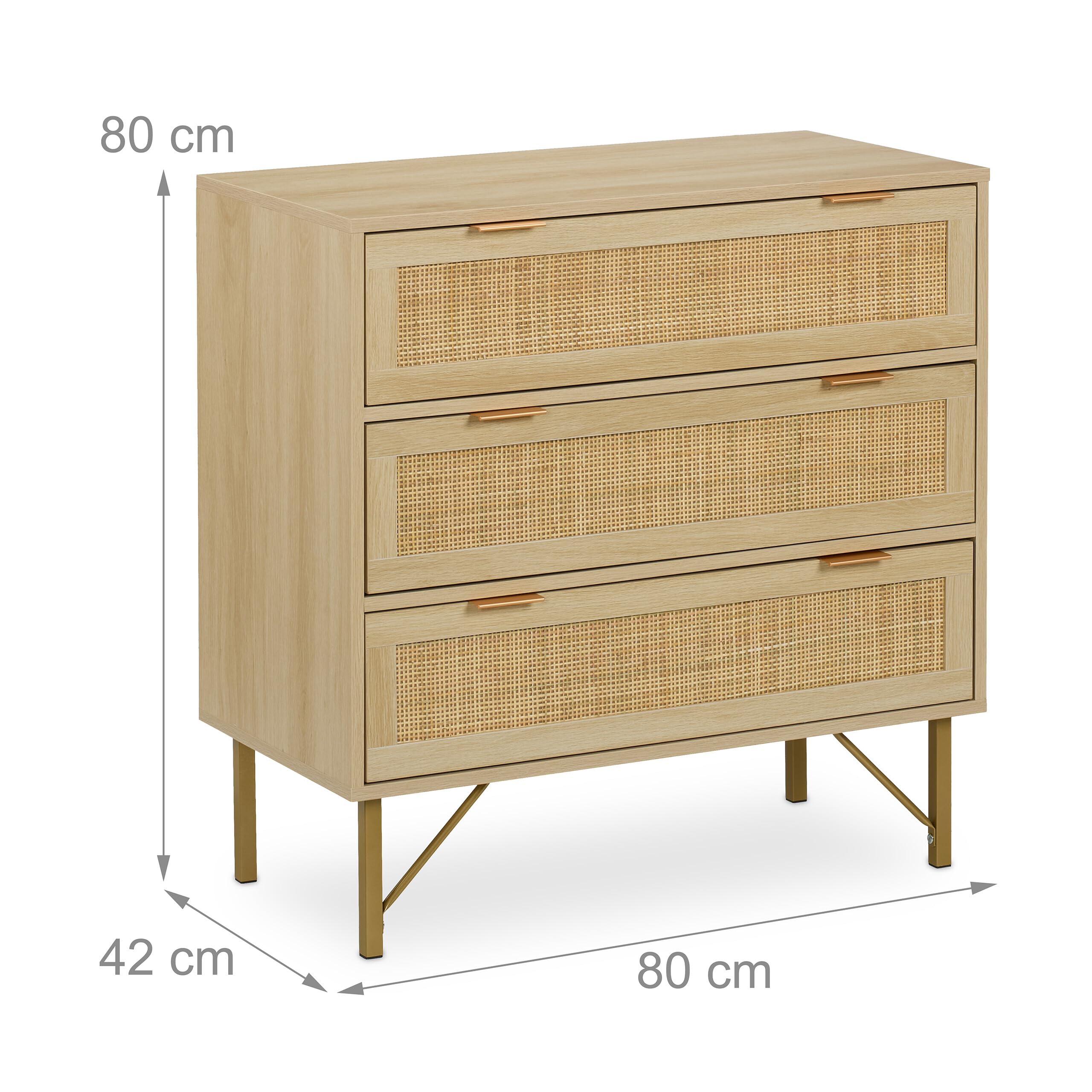 Relaxdays Cómoda, 3 Cajones, Ratán y Efecto Madera, 80 x 80 x 42 cm, Salón, Pasillo, Estilo Boho, Natural/Dorado