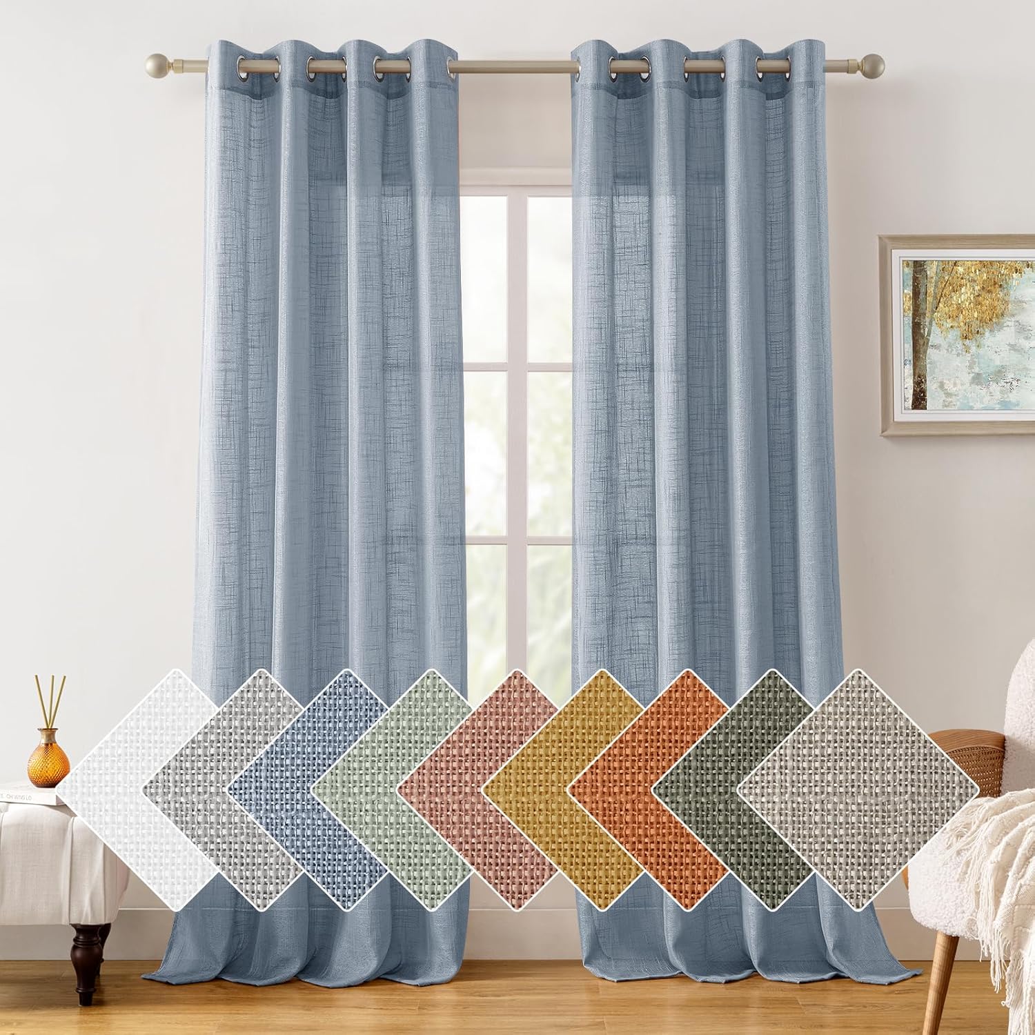 HOMEIDEAS Stone Blue Linen Textured Sheer Curtains, 108 Inches Long 2 Panels Semi Sheer Curtains Farmhouse Light Filtering Window Drapes for Bedroom Living Room, 2 Panels, W52 x L108
