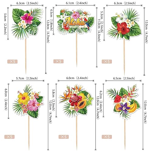 Miniatura 2 de 30 adornos tropicales para cupcakes de verano, plantas hawaianas, flores, frutas, cupcakes, hojas de palmera Luau, decoraciones para cupcakes con