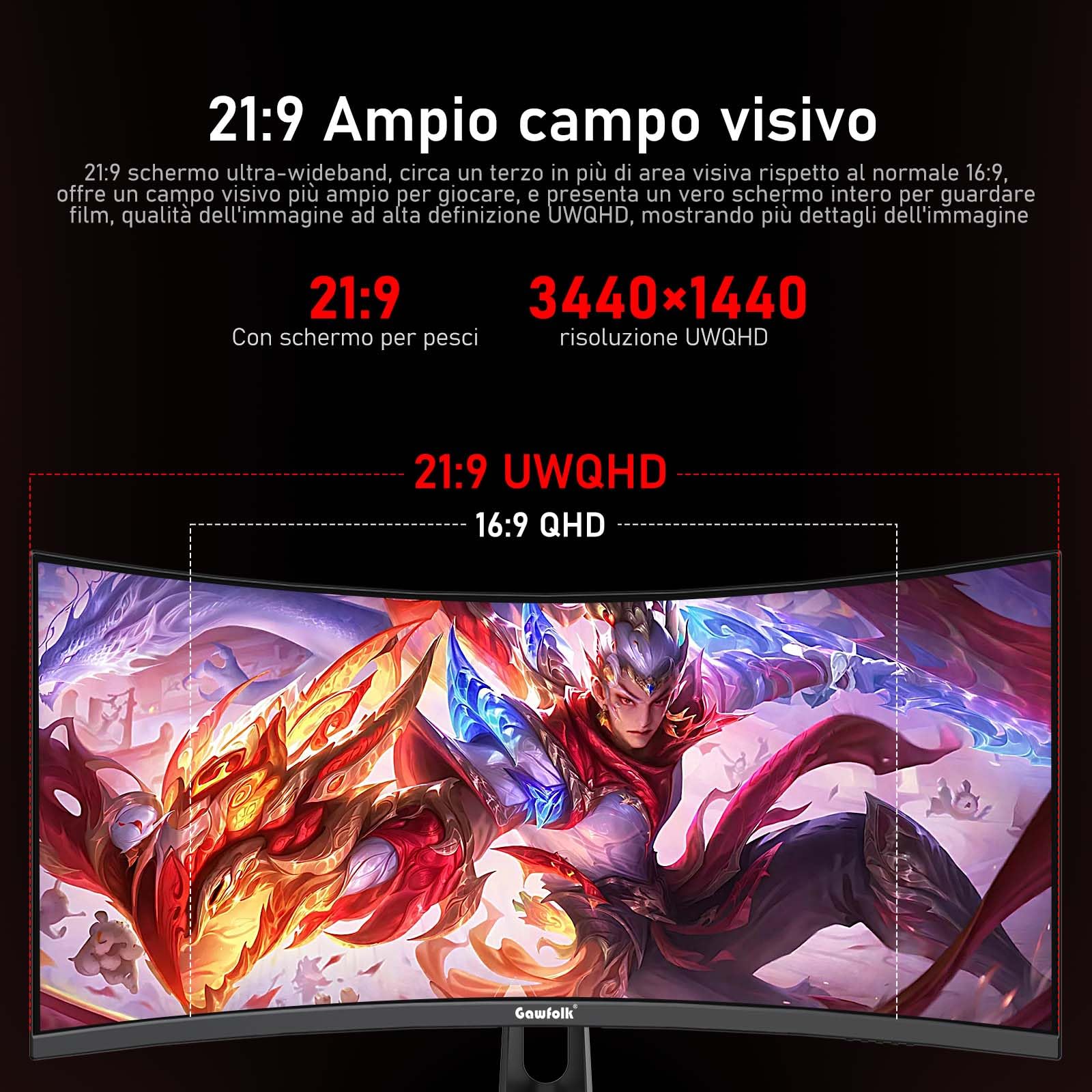 Gawfolk Monitor Ultrawide Da 34 Pollici 1500R Curvo 200Hz Monitor Per Computer Da Gioco, 21:9 UWQHD (3440x1440),128% sRGB,Adaptive Sync,Altoparlante integrato,HDMI、Display Port,VESA75×75MM - Nero