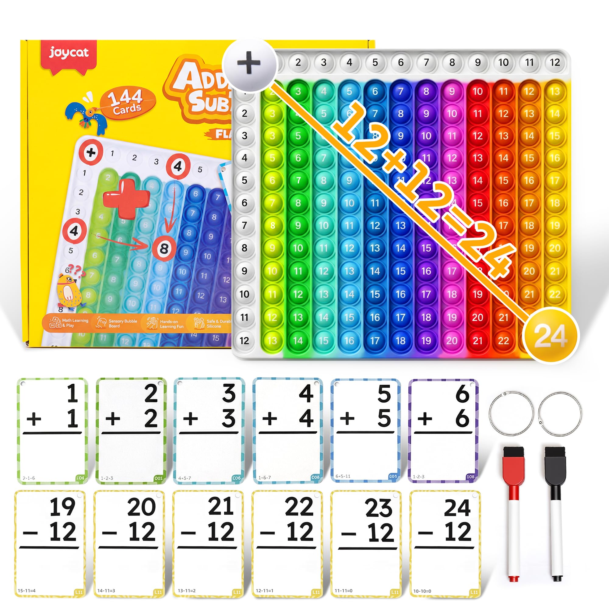 Amazon.com: JoyCat Addition and Subtraction Flash Cards with Pop Math  Board, 144 Math Flashcards for Kids Ages 4-8, Homeschool Kindergarten 1st 2nd  Grade Math Manipulatives with Workbook, Markers, Rings & Bag :
