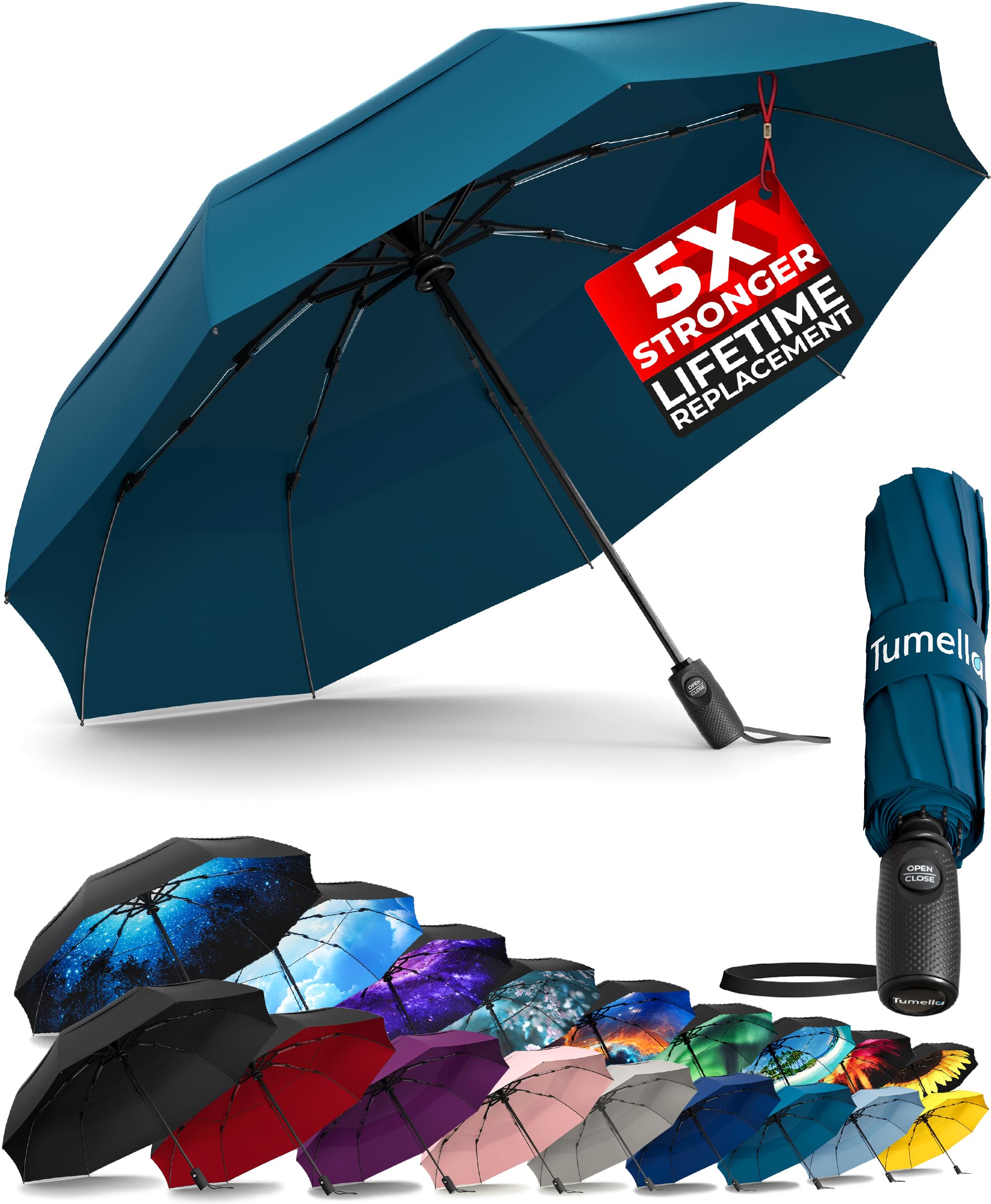 TUMELLA Strongest Windproof Travel Umbrella (Compact, Superior & Beautiful), Small Strong but Light Portable and Automatic Folding Rain Umbrella, Durable Premium Grip, Fits Car & Backpack Petrol Blue