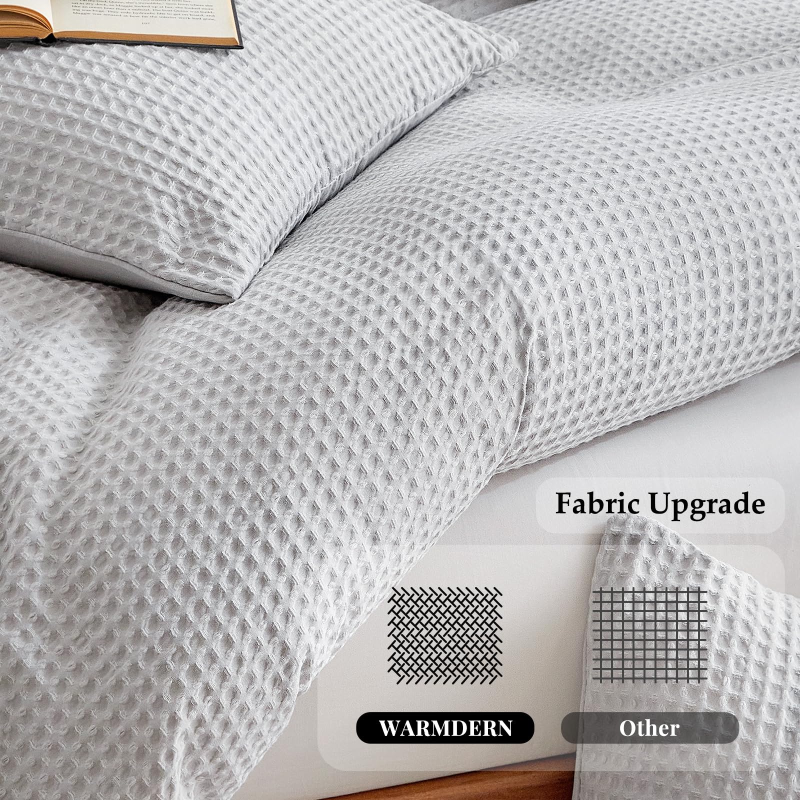 WARMDERN Juego de funda de edredón de microfibra con tejido gofre, tamaño King, color gris claro, funda de edredón suave y transpirable, juego de ropa de cama de 3 piezas con textura para todas las