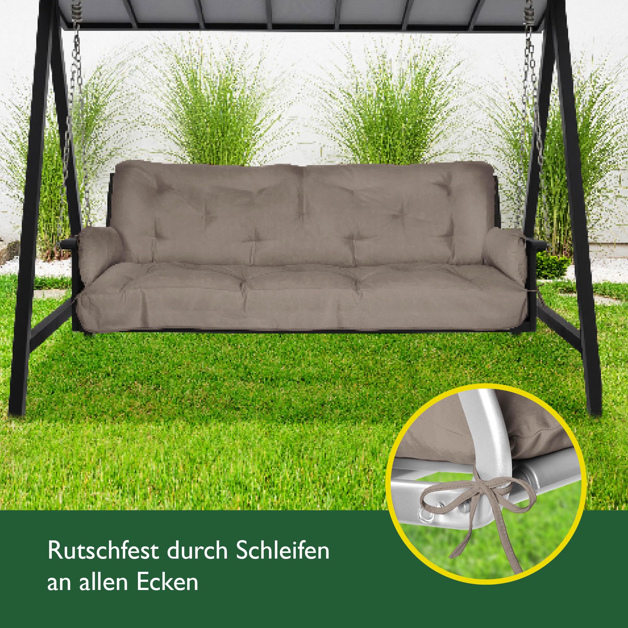 Beautissu Sitzkissen für Hollywoodschaukel 180x50x8cm Flair HS - Garten Auflage mit Zwei Kissen - Polster für Gartenbank Schaumflockenfüllung Polsterauflage Taupe